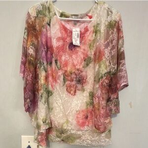 In Bloom Multicolor Floral Lace Overlay Tunic - Pink, Green, Cream